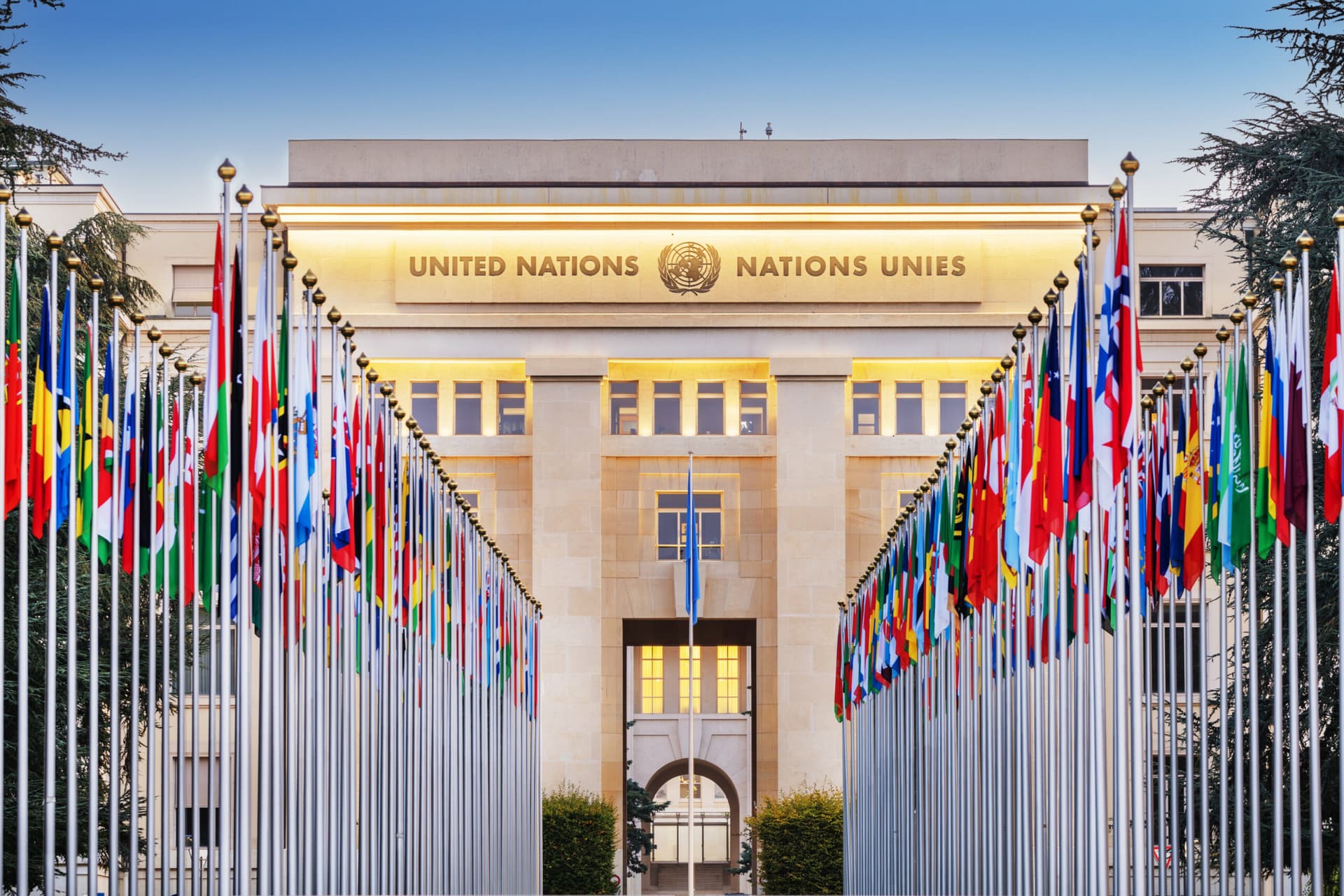 GENEVA, SWITZERLAND - OCTOBER 2, 2023: The United Nations Office at Geneva with the flags of the member countries.