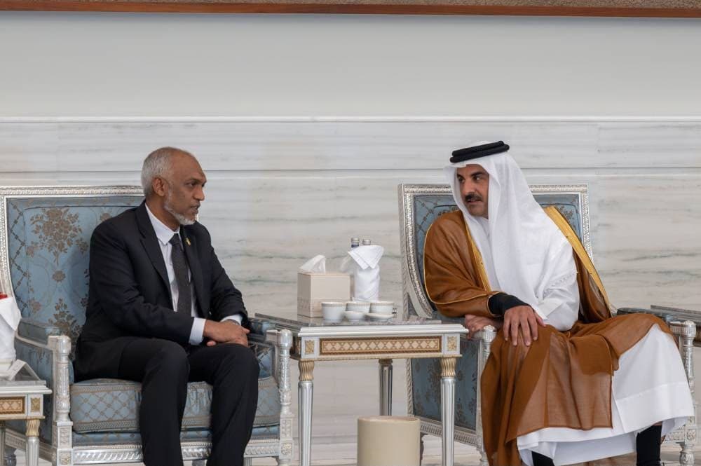 His Highness Sheikh Tamim bin Hamad Al Thani, Amir of the State of Qatar, received His Excellency President Dr Mohamed Muizzu on Monday at Lusail Palace in Doha, Qatar. | Photo: The President’s Office 